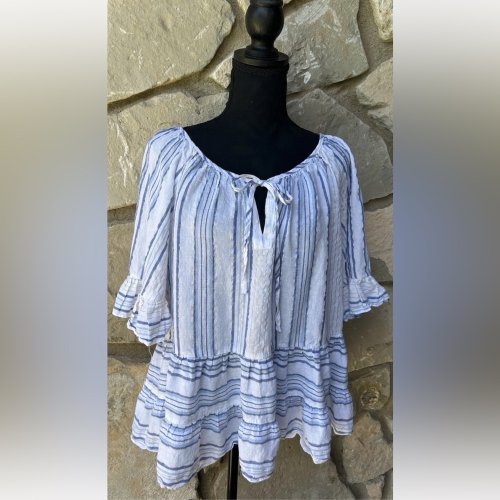 CATO 4th of July Tunic Top M/L‎ Blue White Layered 3/4 Ruffled Sleeves